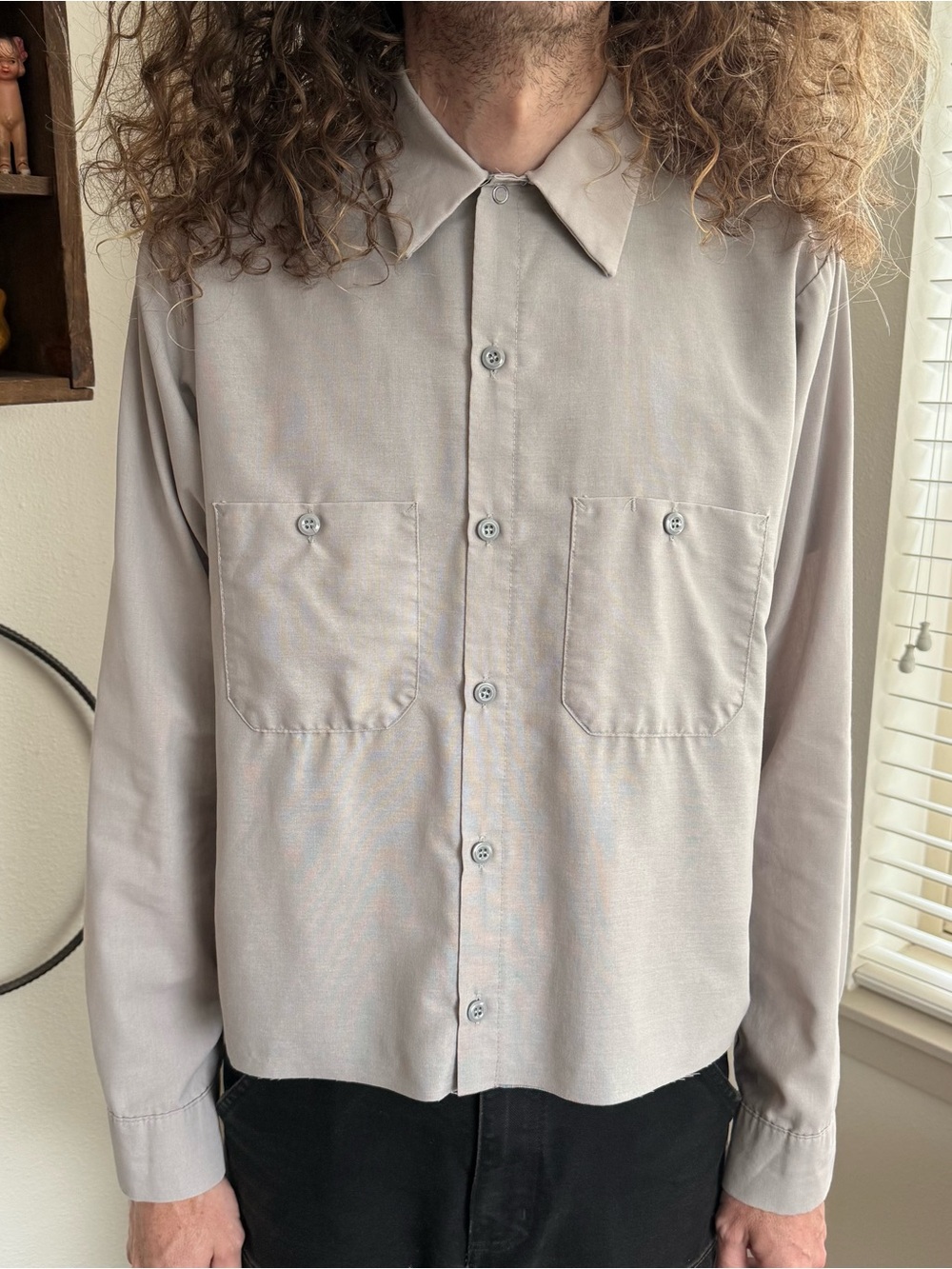 Vintage 90s Red Kap Cropped Boxy Gray LS Utility Work Shirt ~ Size Medium